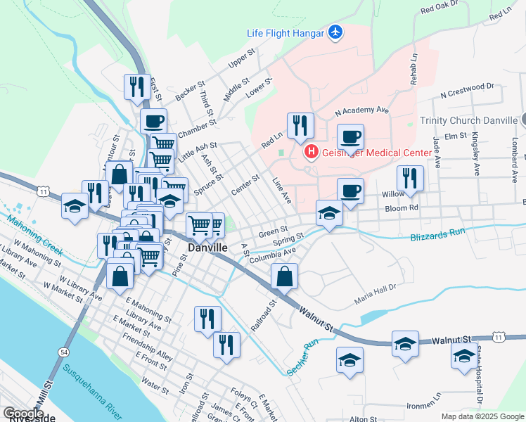 map of restaurants, bars, coffee shops, grocery stores, and more near Washington Court in Danville