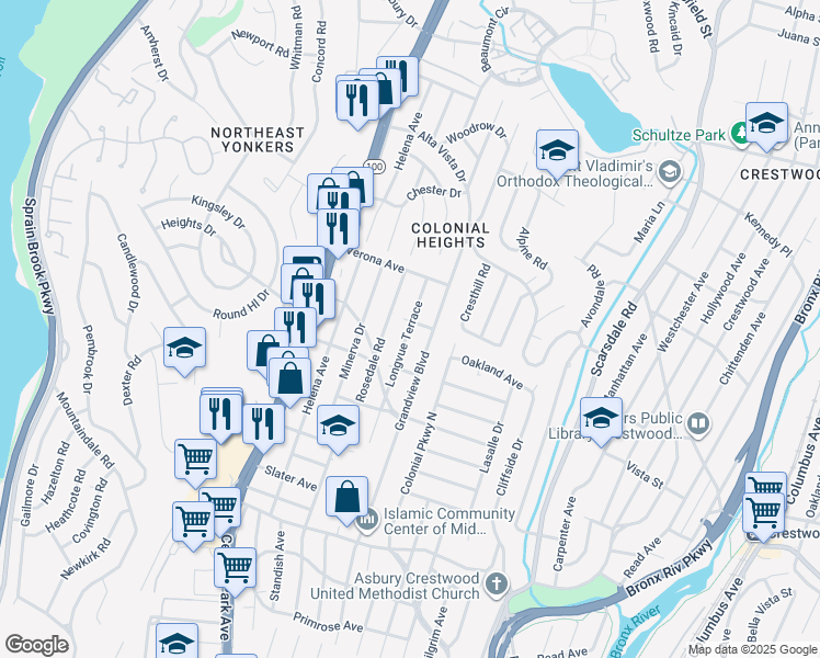 map of restaurants, bars, coffee shops, grocery stores, and more near 184 Longvue Terrace in Yonkers
