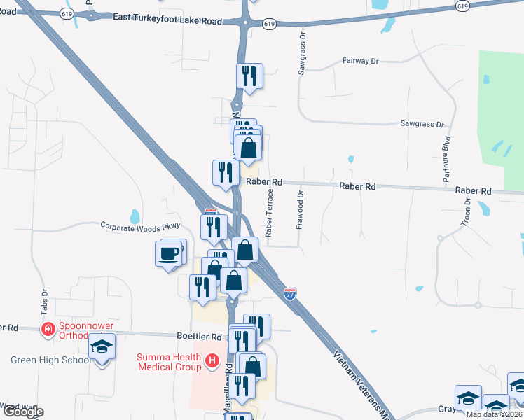 map of restaurants, bars, coffee shops, grocery stores, and more near 3544 Raber Terrace in Uniontown