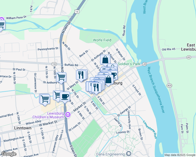 map of restaurants, bars, coffee shops, grocery stores, and more near 60 N 4th St in Lewisburg