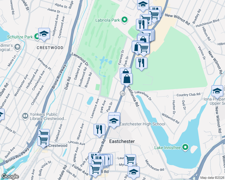 map of restaurants, bars, coffee shops, grocery stores, and more near 89 Park Drive in Eastchester
