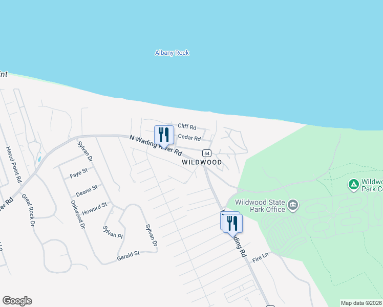 map of restaurants, bars, coffee shops, grocery stores, and more near 2974 North Wading River Road in Wading River