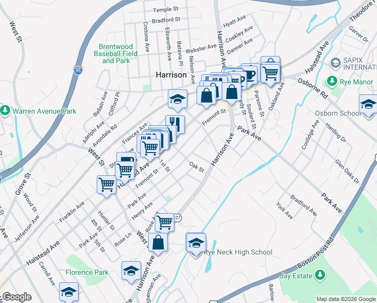 map of restaurants, bars, coffee shops, grocery stores, and more near 134 Park Avenue in Harrison