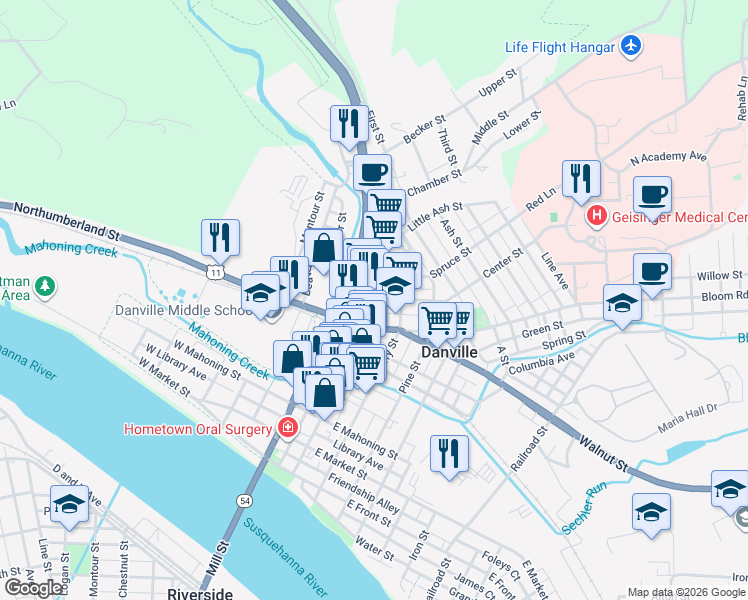 map of restaurants, bars, coffee shops, grocery stores, and more near 51 Bloom Street in Danville