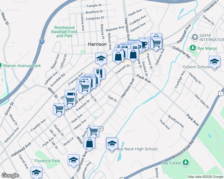 map of restaurants, bars, coffee shops, grocery stores, and more near 134 Park Avenue in Harrison