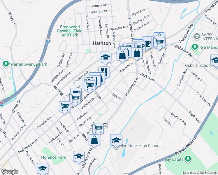 map of restaurants, bars, coffee shops, grocery stores, and more near 134 Park Avenue in Harrison