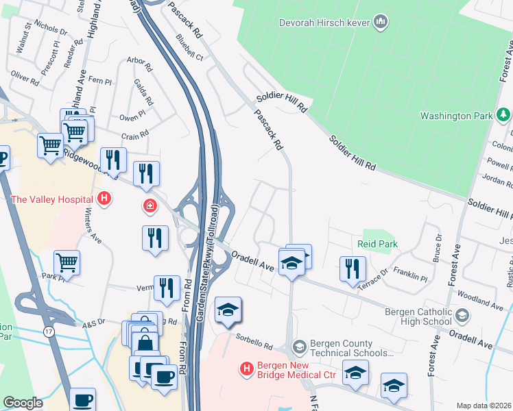 map of restaurants, bars, coffee shops, grocery stores, and more near 666 Rutgers Place in Paramus