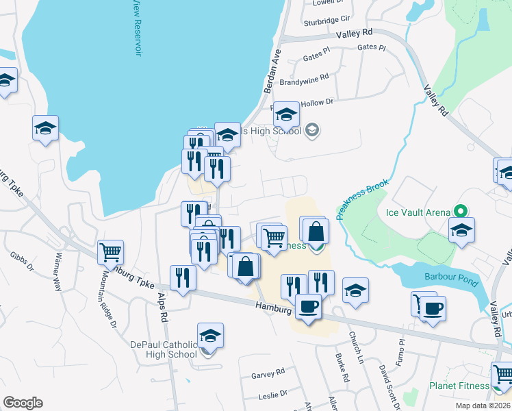 map of restaurants, bars, coffee shops, grocery stores, and more near 420 Brittany Drive in Wayne