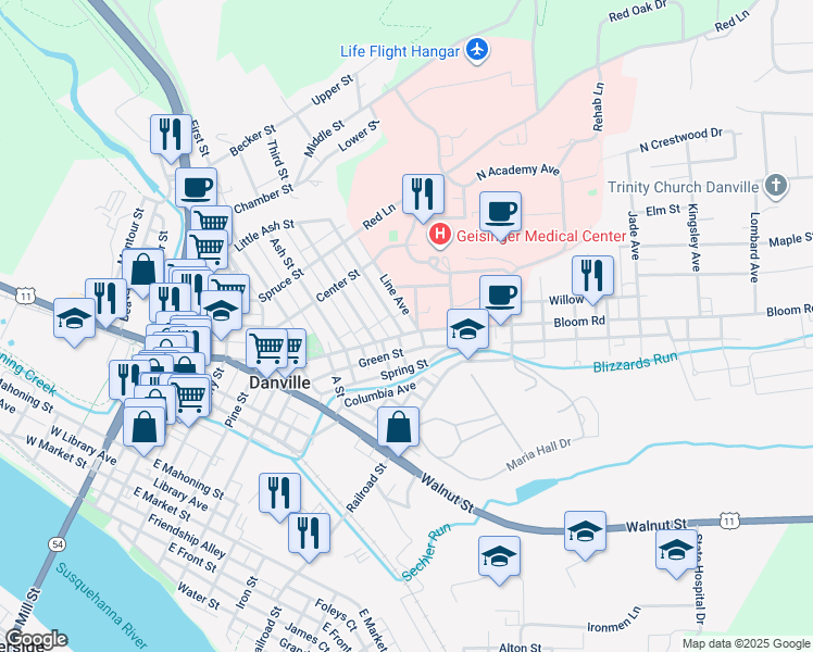 map of restaurants, bars, coffee shops, grocery stores, and more near 515 Bloom Street in Danville