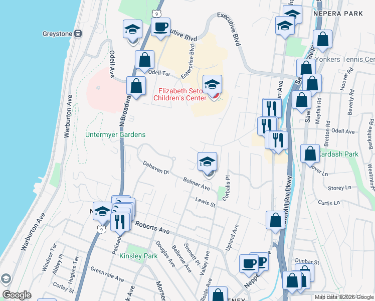 map of restaurants, bars, coffee shops, grocery stores, and more near 19 Ann Marie Place in Yonkers