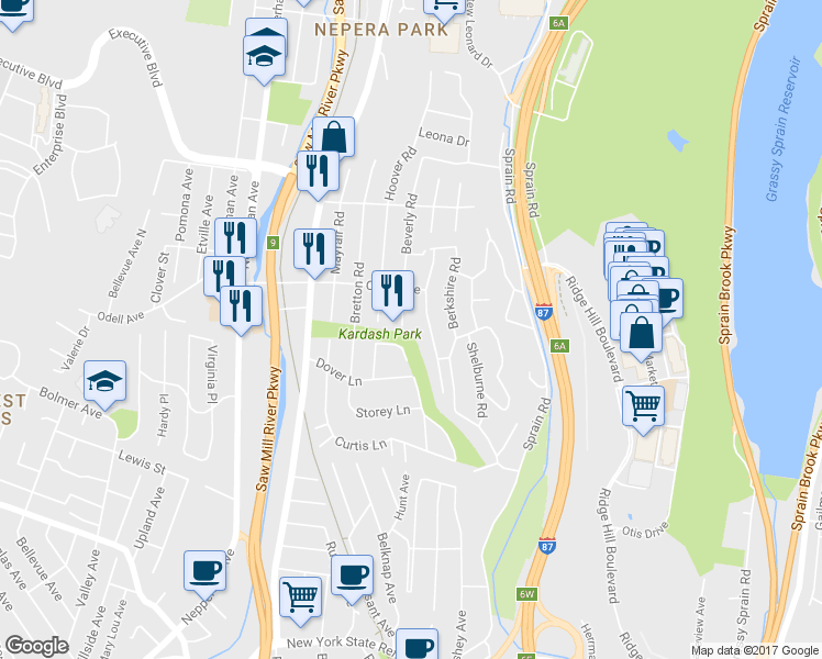 map of restaurants, bars, coffee shops, grocery stores, and more near 4 Beverly Road in Yonkers