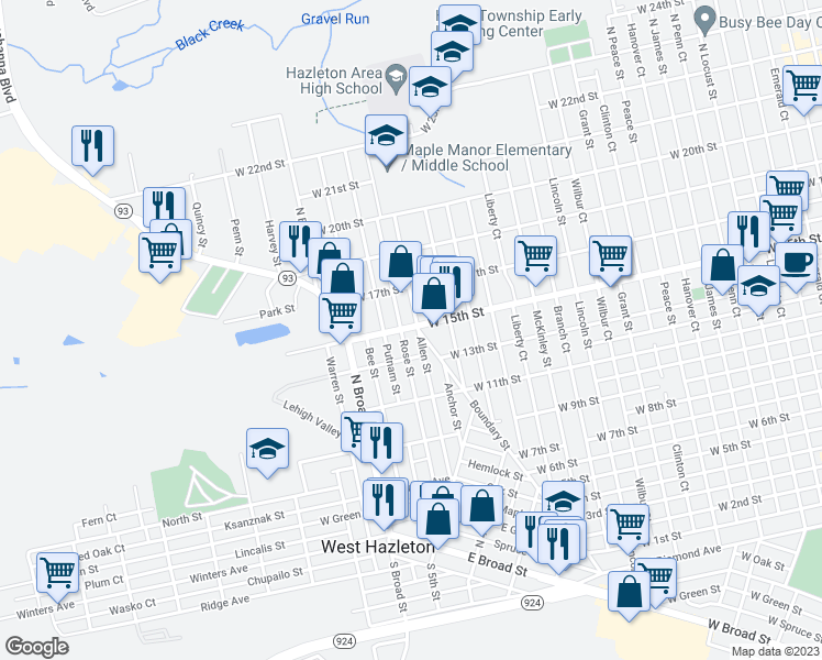 map of restaurants, bars, coffee shops, grocery stores, and more near 528 Allen Street in West Hazleton