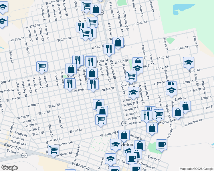 map of restaurants, bars, coffee shops, grocery stores, and more near 712 North Church Street in Hazleton