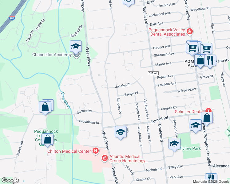 map of restaurants, bars, coffee shops, grocery stores, and more near 25 Sanders Place in Pequannock Township