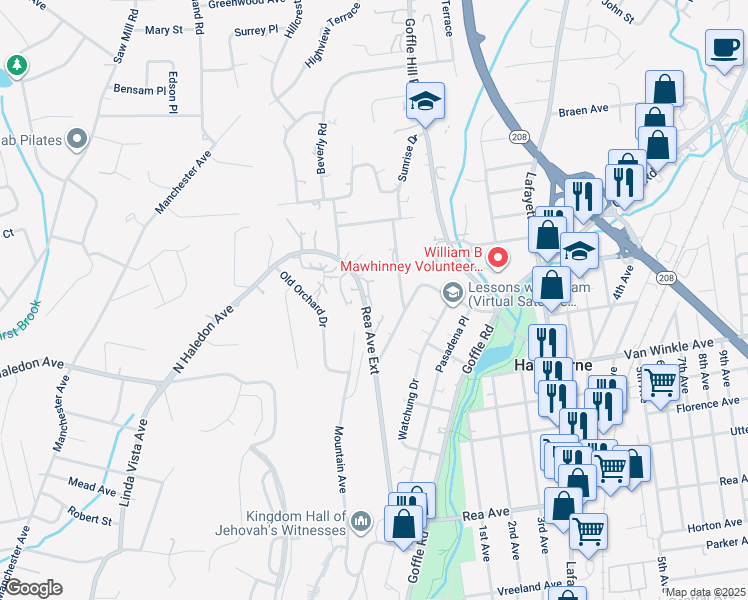 map of restaurants, bars, coffee shops, grocery stores, and more near 201 Rea Avenue Extension in Hawthorne