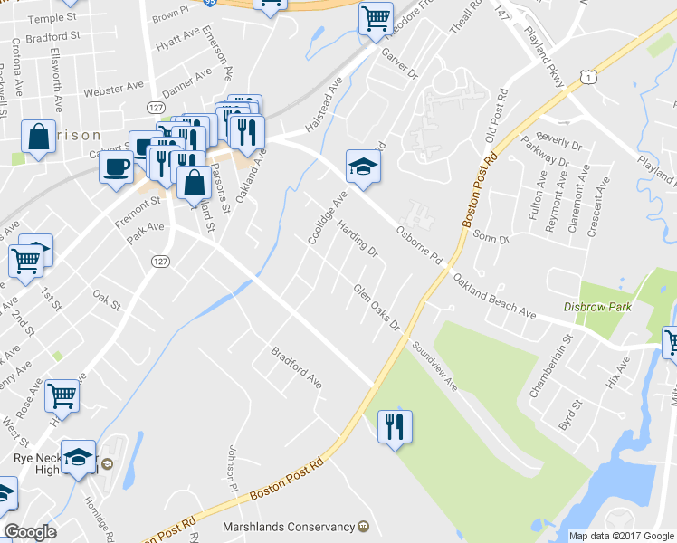 map of restaurants, bars, coffee shops, grocery stores, and more near 68 Glen Oaks Drive in Rye