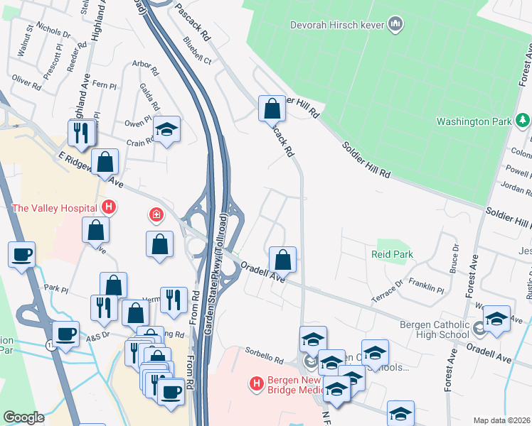 map of restaurants, bars, coffee shops, grocery stores, and more near 666 Rutgers Place in Paramus