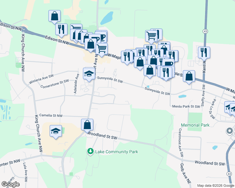 map of restaurants, bars, coffee shops, grocery stores, and more near 1127 Lauren Crest Street Southwest in Hartville