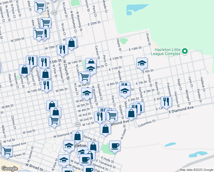 map of restaurants, bars, coffee shops, grocery stores, and more near 641 Carson Street in Hazleton
