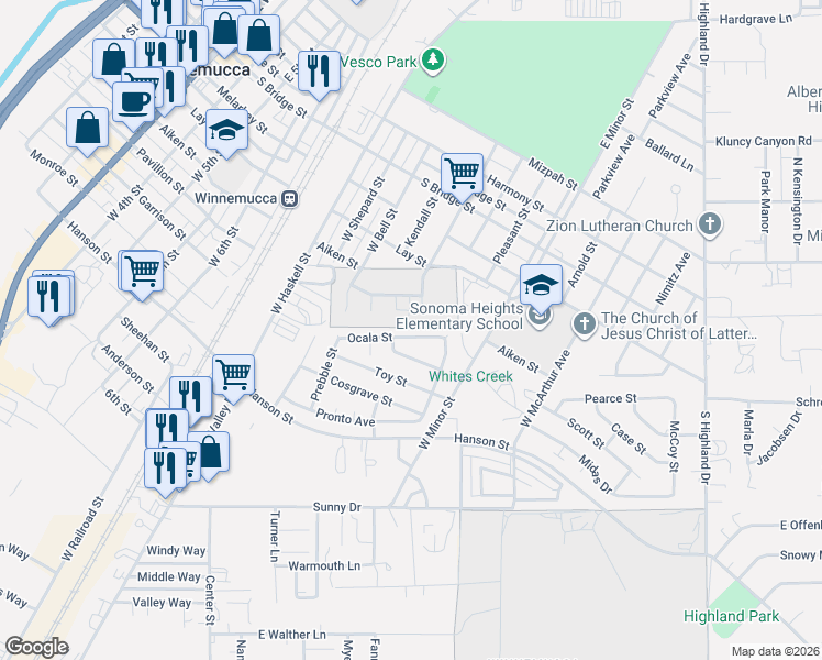 map of restaurants, bars, coffee shops, grocery stores, and more near 1339 Ocala Street in Winnemucca