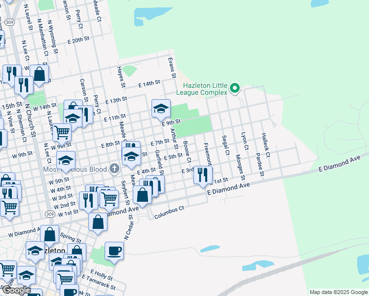 map of restaurants, bars, coffee shops, grocery stores, and more near 516 East 6th Street in Hazleton