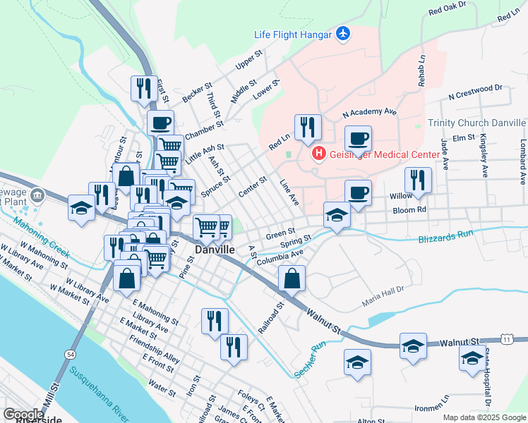 map of restaurants, bars, coffee shops, grocery stores, and more near 957 Vine Street in Danville