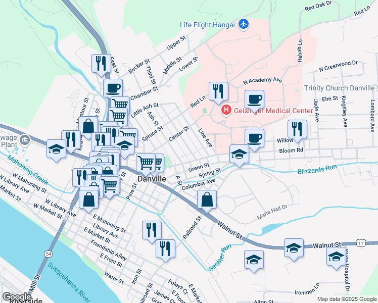 map of restaurants, bars, coffee shops, grocery stores, and more near 957 Vine Street in Danville