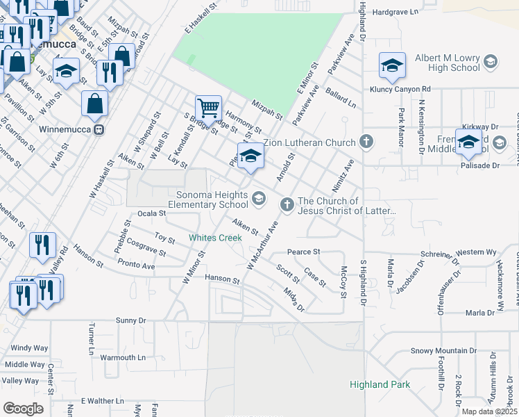 map of restaurants, bars, coffee shops, grocery stores, and more near 1500 Melarkey Street in Winnemucca