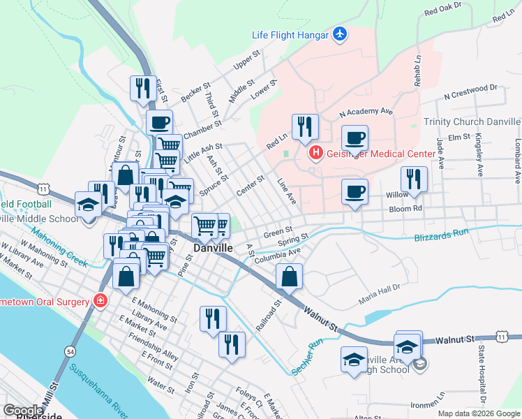 map of restaurants, bars, coffee shops, grocery stores, and more near 516 Washington Court in Danville