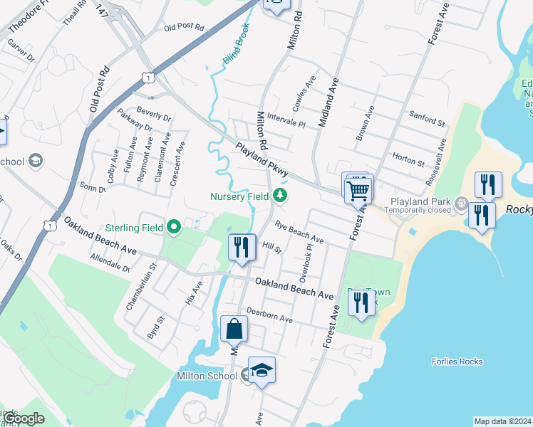 map of restaurants, bars, coffee shops, grocery stores, and more near 452 Milton Road in Rye