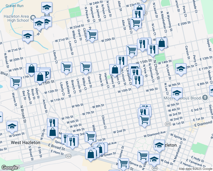 map of restaurants, bars, coffee shops, grocery stores, and more near 730 North James Street in Hazleton