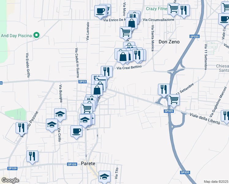 map of restaurants, bars, coffee shops, grocery stores, and more near 7 Viale della Libertà in Parete