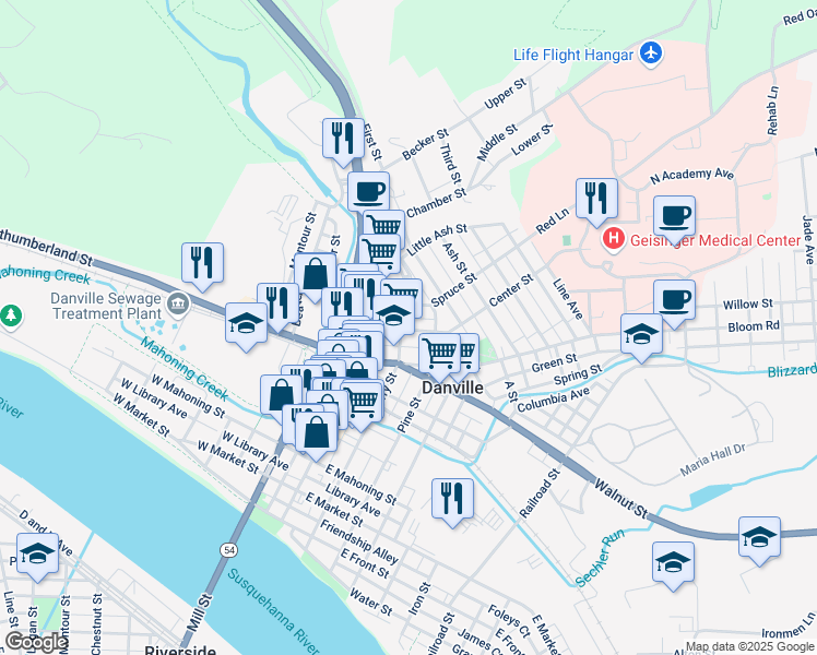 map of restaurants, bars, coffee shops, grocery stores, and more near 119 Center Street in Danville