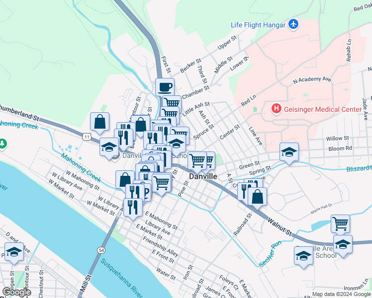 map of restaurants, bars, coffee shops, grocery stores, and more near 127 Center Street in Danville