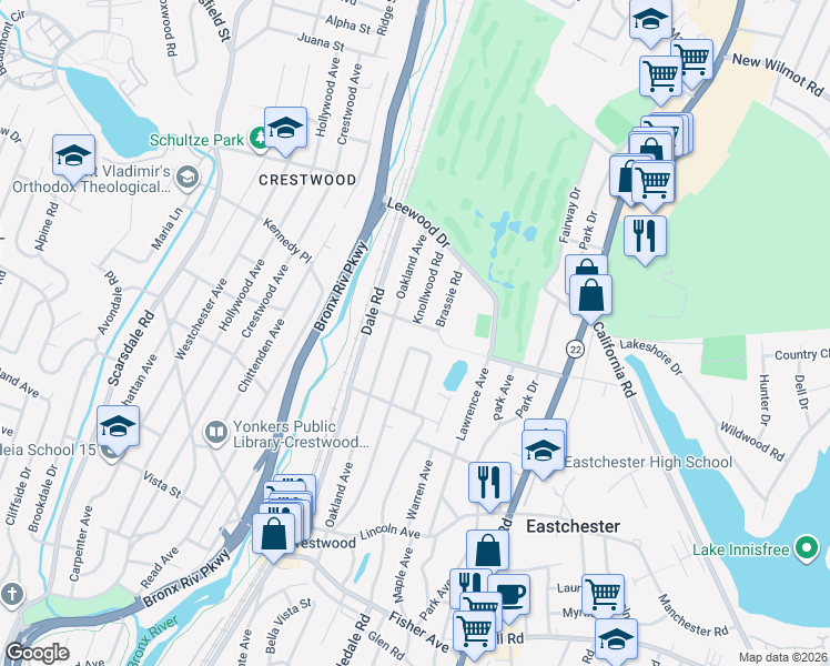 map of restaurants, bars, coffee shops, grocery stores, and more near 18 Cross Hill Road in Eastchester