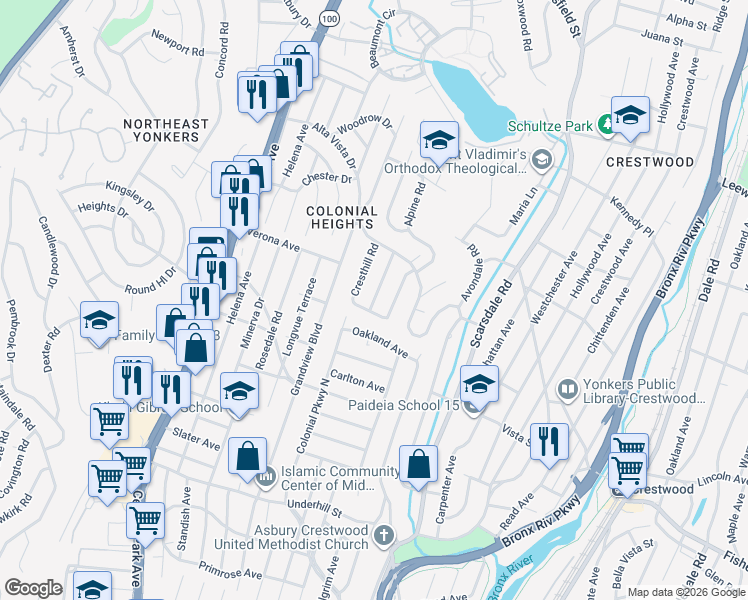 map of restaurants, bars, coffee shops, grocery stores, and more near 52 Ridgeland Road in Yonkers