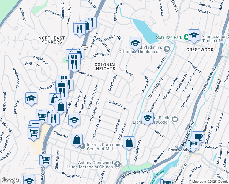 map of restaurants, bars, coffee shops, grocery stores, and more near 52 Ridgeland Road in Yonkers