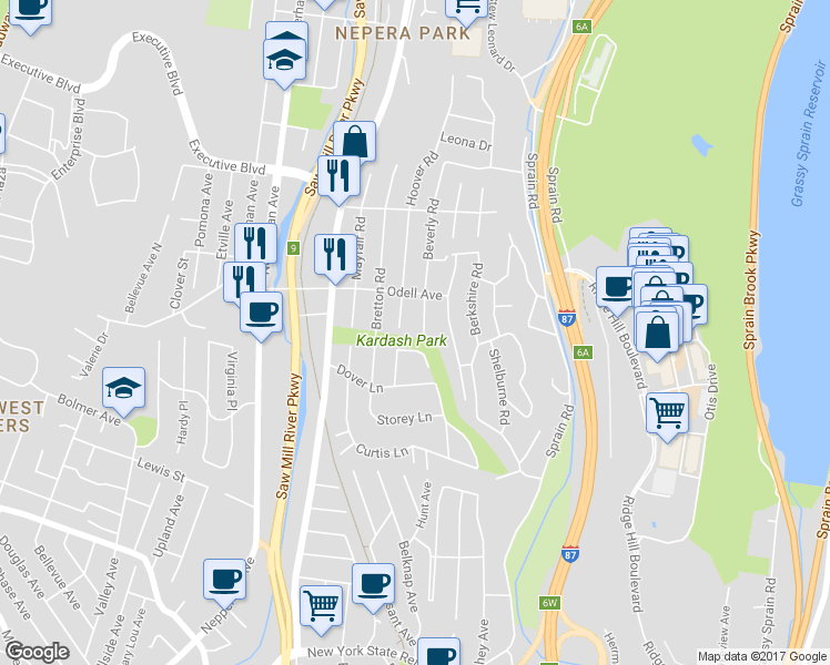map of restaurants, bars, coffee shops, grocery stores, and more near 4 Beverly Road in Yonkers