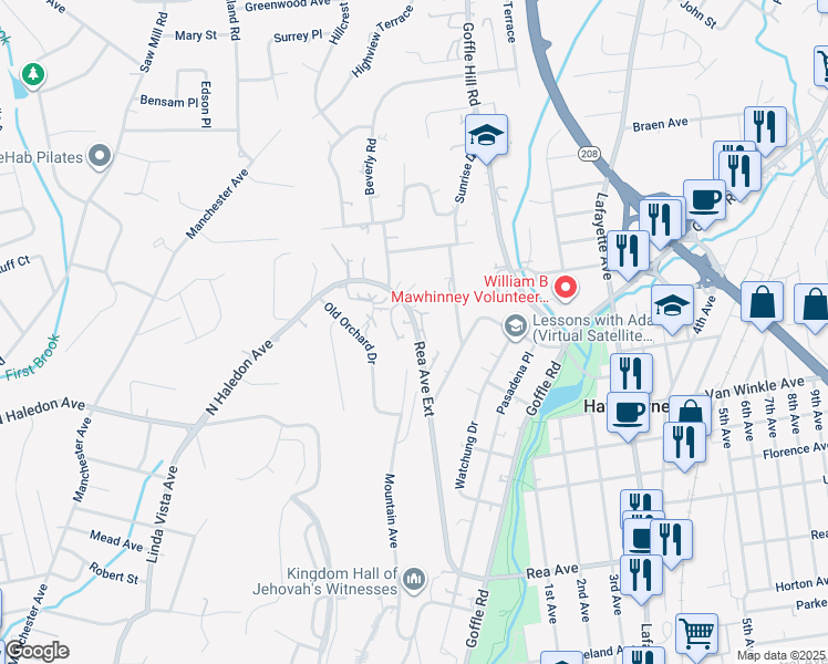 map of restaurants, bars, coffee shops, grocery stores, and more near 201 Rea Avenue Extension in Hawthorne