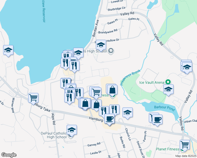 map of restaurants, bars, coffee shops, grocery stores, and more near 701 Brittany Drive in Wayne