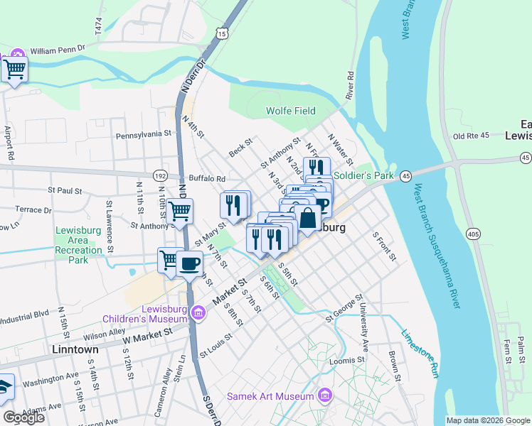map of restaurants, bars, coffee shops, grocery stores, and more near 60 North 4th Street in Lewisburg