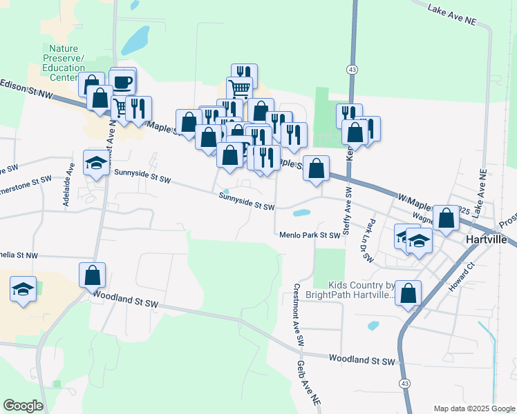 map of restaurants, bars, coffee shops, grocery stores, and more near 844 Sunnyside Street Southwest in Hartville