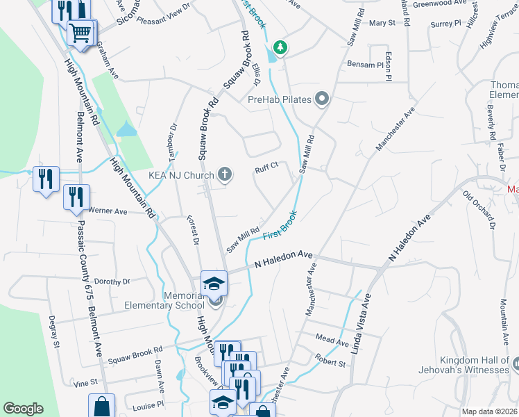 map of restaurants, bars, coffee shops, grocery stores, and more near 71 Saw Mill Road in North Haledon
