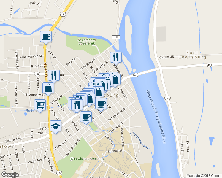 map of restaurants, bars, coffee shops, grocery stores, and more near 133 Market Street in Lewisburg