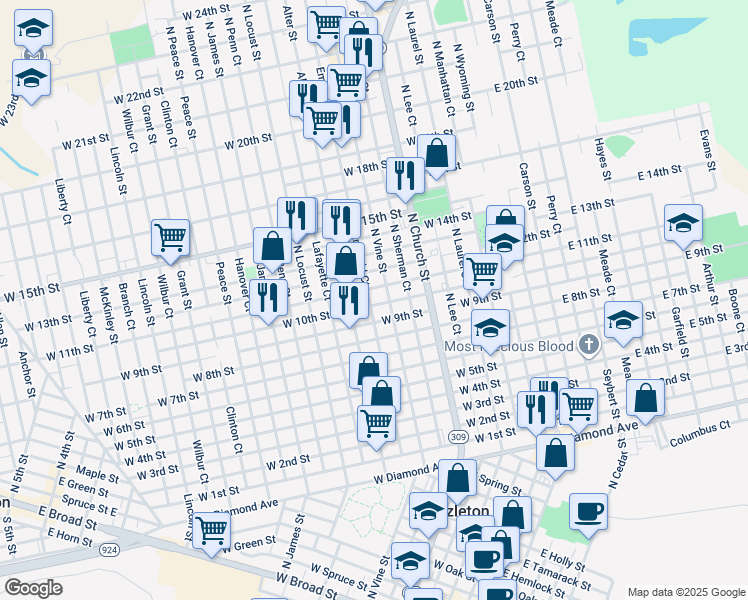 map of restaurants, bars, coffee shops, grocery stores, and more near 332 West 10th Street in Hazleton