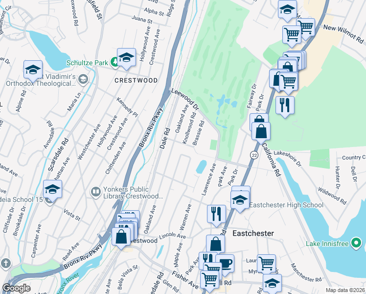 map of restaurants, bars, coffee shops, grocery stores, and more near 18 Cross Hill Road in Eastchester