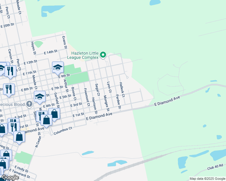 map of restaurants, bars, coffee shops, grocery stores, and more near 590 Pardee Street in Hazleton