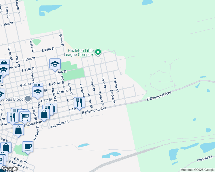 map of restaurants, bars, coffee shops, grocery stores, and more near 608 Pardee Street in Hazleton