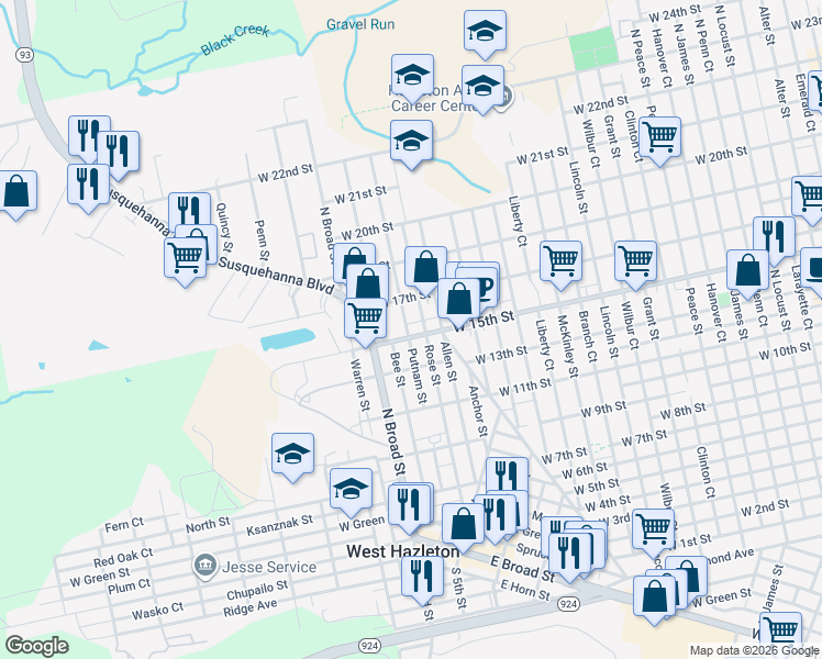 map of restaurants, bars, coffee shops, grocery stores, and more near 101-113 Washington Avenue in West Hazleton