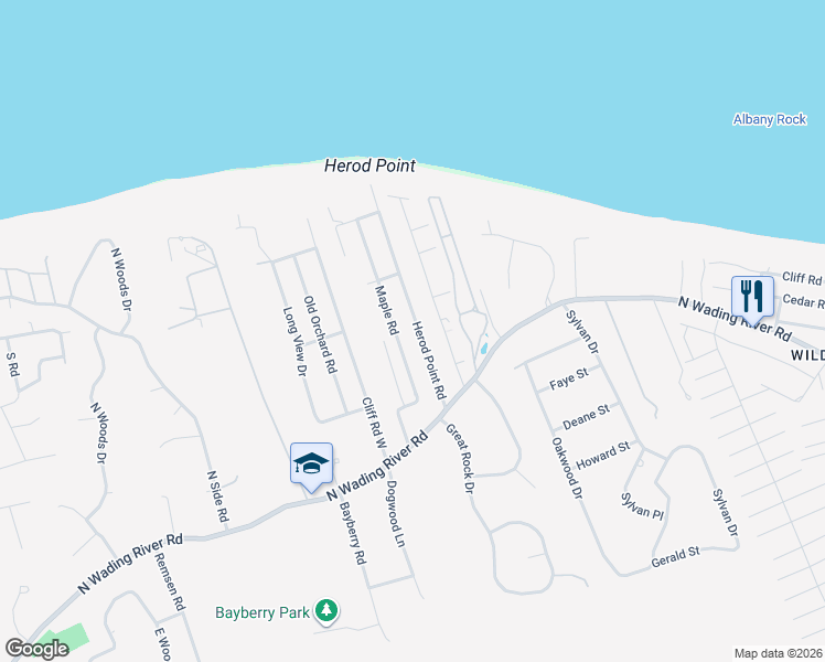 map of restaurants, bars, coffee shops, grocery stores, and more near 68 Herod Point Road in Wading River